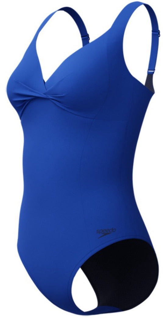 Speedo shaping cross knot 1 piece dames sportbadpak - corrigerend badpak dames - zwempak dames met uitneembare cups - sportbadpak dames met hartvormige halslijn en verstelbare bandjes - blauw - 38