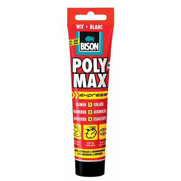 Bison poly max express wit tube 165 gram, montagelijm, lijmen, monteren en afdichten, unieke smp technologie, oplosmiddelvrij, binnen en buiten, vrijwel alle ondergronden