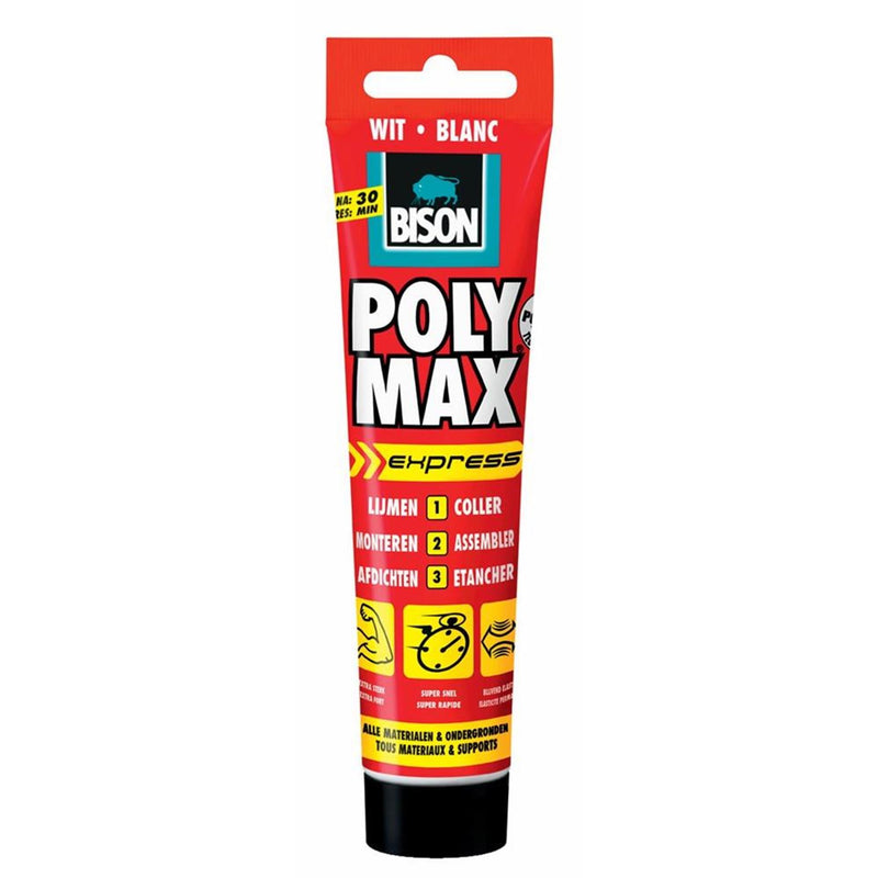 Afbeelding laden in galerijviewer, Bison poly max express wit tube 165 gram, montagelijm, lijmen, monteren en afdichten, unieke smp technologie, oplosmiddelvrij, binnen en buiten, vrijwel alle ondergronden
