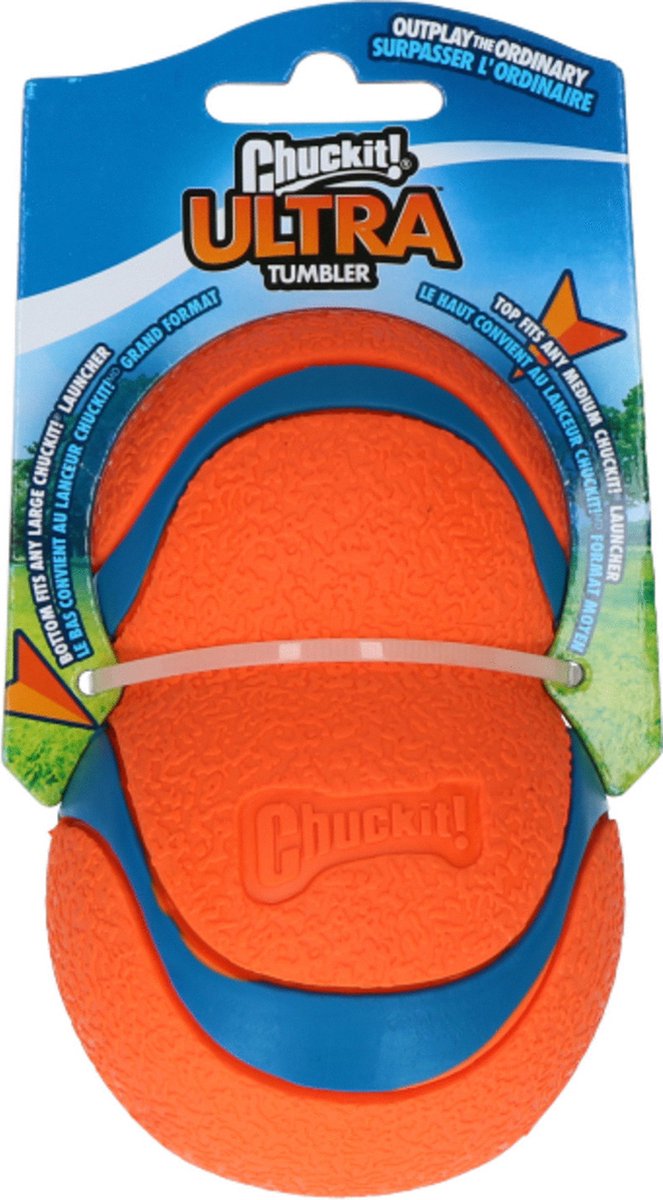 Afbeelding laden in galerijviewer, Chuckit! ultra tumbler - hondenspeelgoed - hondenbal - apporteerspeelgoed - natuurlijk rubber - ø7.5 cm - oranje blauw
