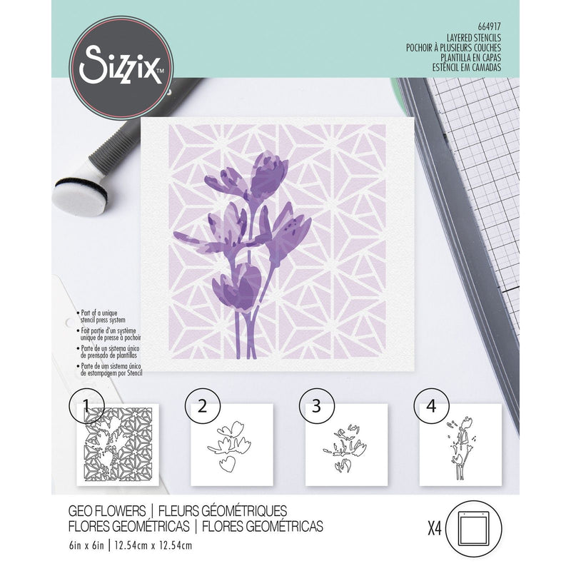 Afbeelding laden in galerijviewer, Sizzix • layered stencils geo flowers 4stuks
