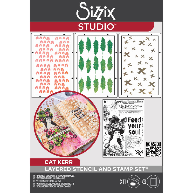 Afbeelding laden in galerijviewer, Sizzix • studio stamps set 11pcs 3pcs stencils feed your soul by cat kerr
