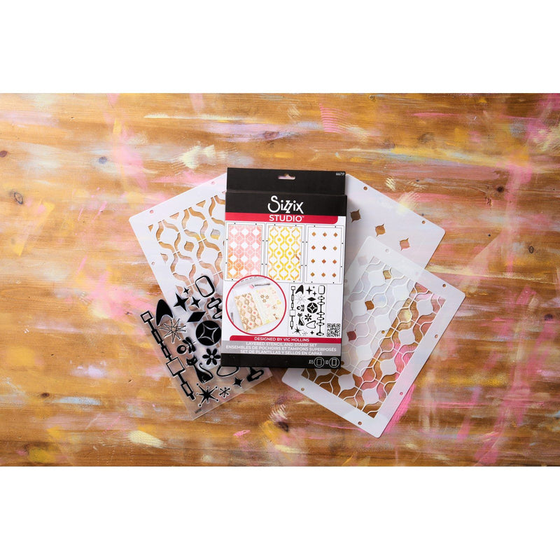 Afbeelding laden in galerijviewer, Sizzix • studio stamps set 15pcs 3pcs stencils retro by vic hollins
