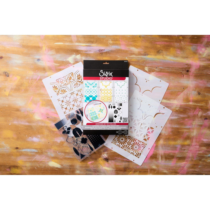 Afbeelding laden in galerijviewer, Sizzix • studio stamps set 18pcs 3pcs stencils geometric by vic hollins
