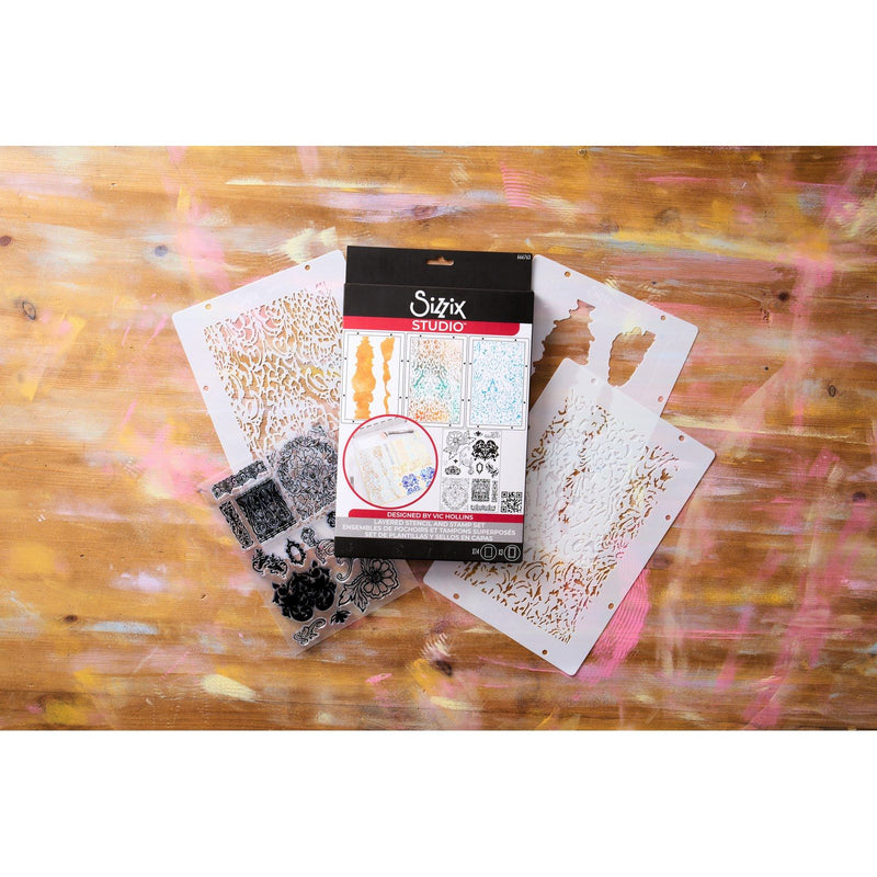 Afbeelding laden in galerijviewer, Sizzix • studio stamps set 14pcs 3pcs stencils ornate by vic hollins
