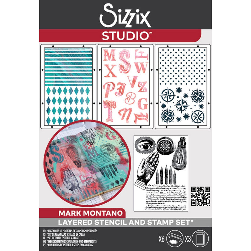 Afbeelding laden in galerijviewer, Sizzix • studio: a5 clear stamps 3pcs a5 stencils my favorite things by mark montano
