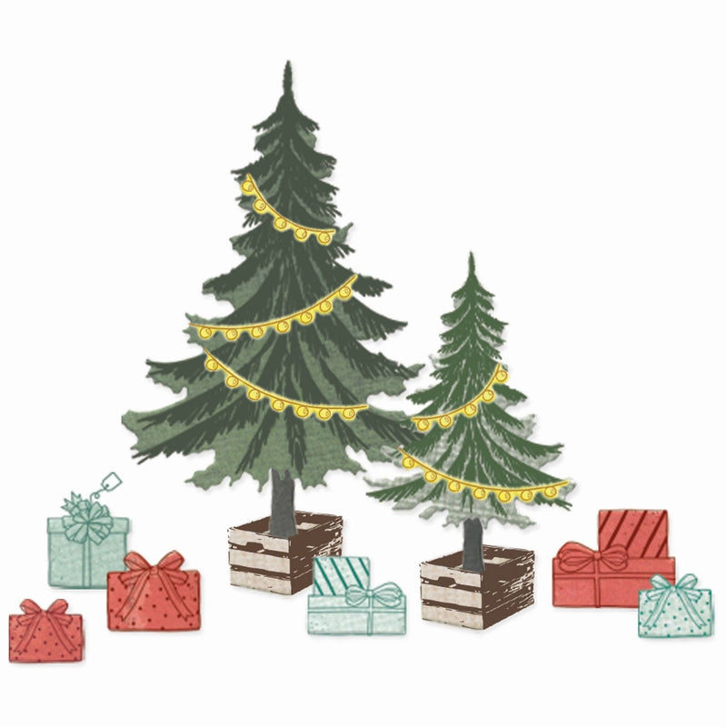 Afbeelding laden in galerijviewer, Sizzix • clear stamp set with framelits trees and trinkets by 49 and market 32pcs
