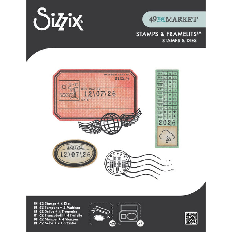 Afbeelding laden in galerijviewer, Sizzix • clear stamps set 62pcs 4pcs framelits globetrotter’s mark by 49 market
