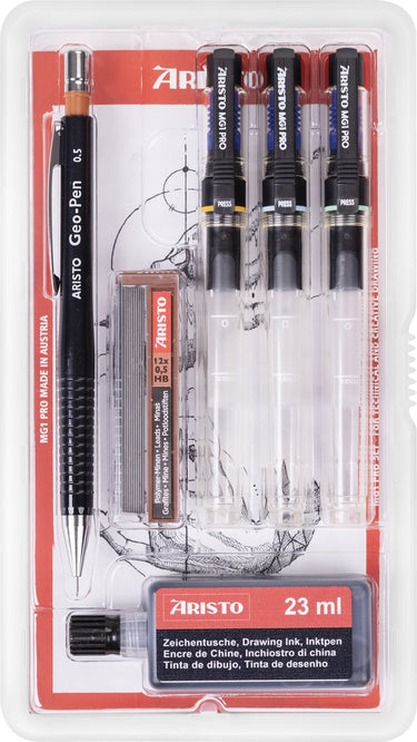 Aristo tekenpen - pro college - set 6-delig - lijnbreedte 0.18 0.25 0.35mm - fles 23ml inkt - tekenpotlood - potloodstiftjes - ar-64314