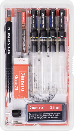 Aristo tekenpen - pro studio - set 8-delig - lijnbreedte 0.20 0.35 0.70 mm - fles 23ml inkt - tekenpotlood - potloodstiftjes - gum - penadapter - ar-64151