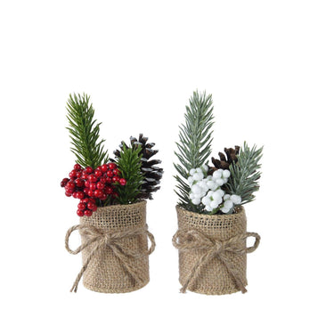 Decoris kunst kerststukje in jute pot met bessen wit rood ã˜5xh15cm 2 assorti