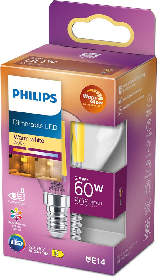 Philips led kogellamp transparant - 60 w - e14 - dimbaar warmwit licht