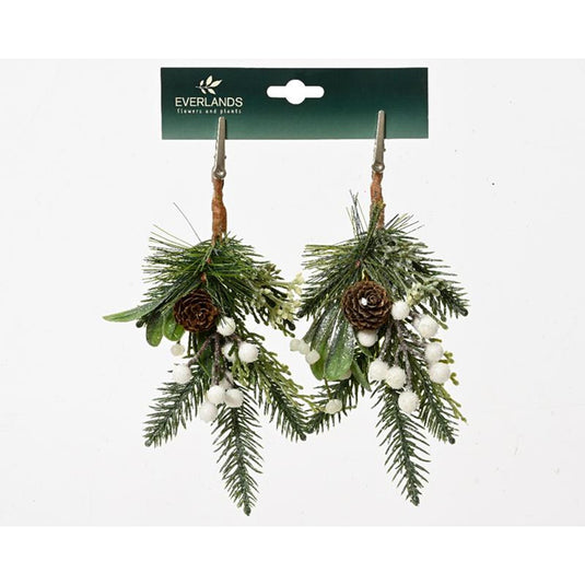 Decoris kersttakje groen met witte decoratie met glitter finish - op clip 2 stuks- h22cm b8cm