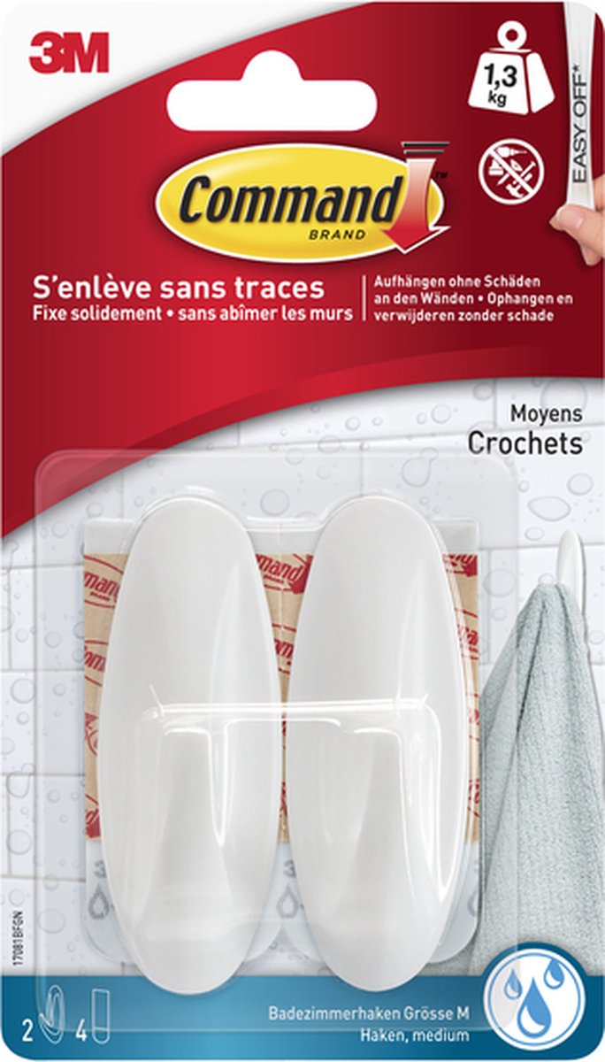 Afbeelding laden in galerijviewer, 3m command decohaak, medium, draagvermogen 1,4 kg, wit, waterbestendig, blister van 2 stuks
