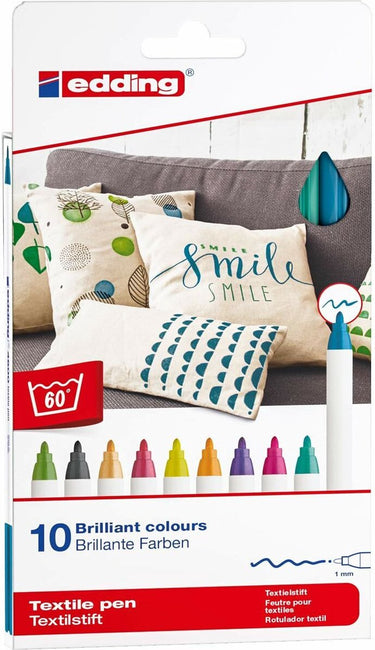 Edding 4600 textielstift assorti fun kleuren set - ronde punt - 1 mm - set van 10 stuks - kleding versieren - textielstiften wasmachinebestendig (60°c) om op textiel te tekenen - na het strijken wasmachine bestendig