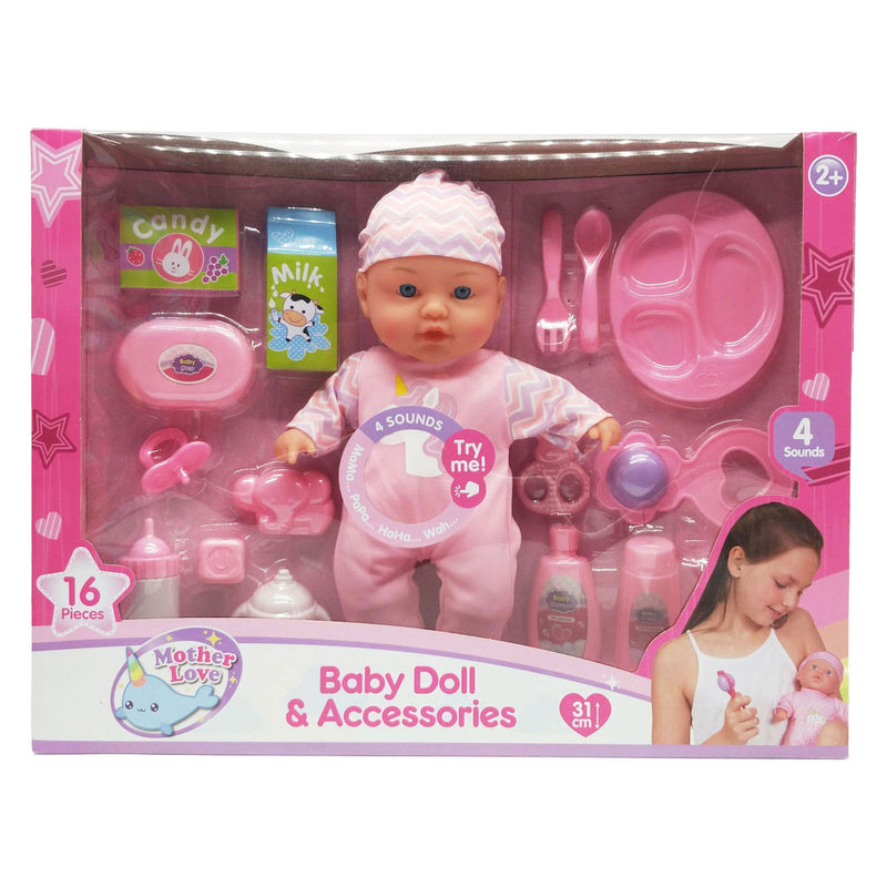 Afbeelding laden in galerijviewer, Babypop met geluiden en 16 accessoires - 31cm
