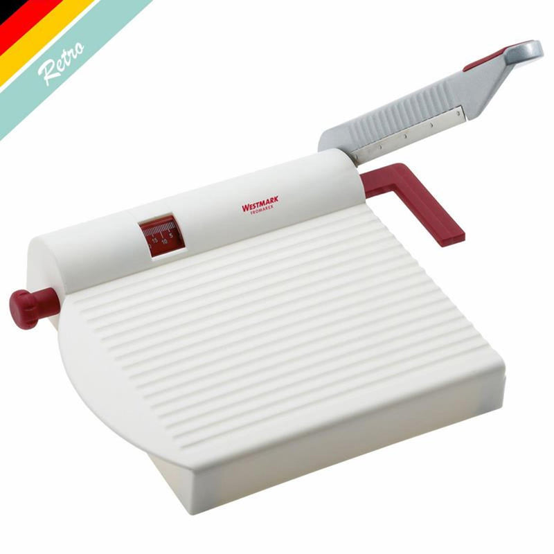 Afbeelding laden in galerijviewer, Westmark kaassnijder met scherp mes, variabele snijdikte, retro-design, roestvrij staal aluminium kunststof, fromarex, wit rood zilver, 7000rt60
