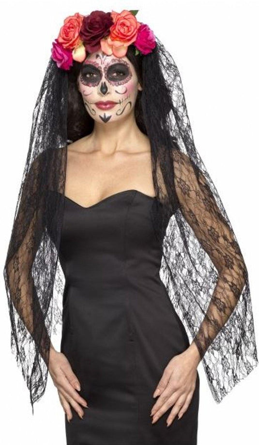 Smiffys day of the dead haarband - met bloemen en sluier - halloween - horror - diadeem