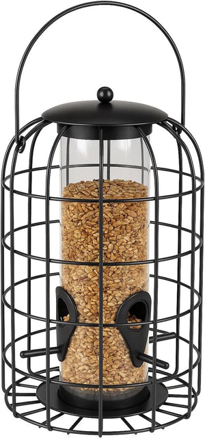 Flamingo voedersilo vogels - vogelvoederhuis - elma zwart - 27 cm - weerbestendige metalen voedersilo met beschermkooi - 4 zitstokjes - hangende vogelvoederautomaat voor zaden