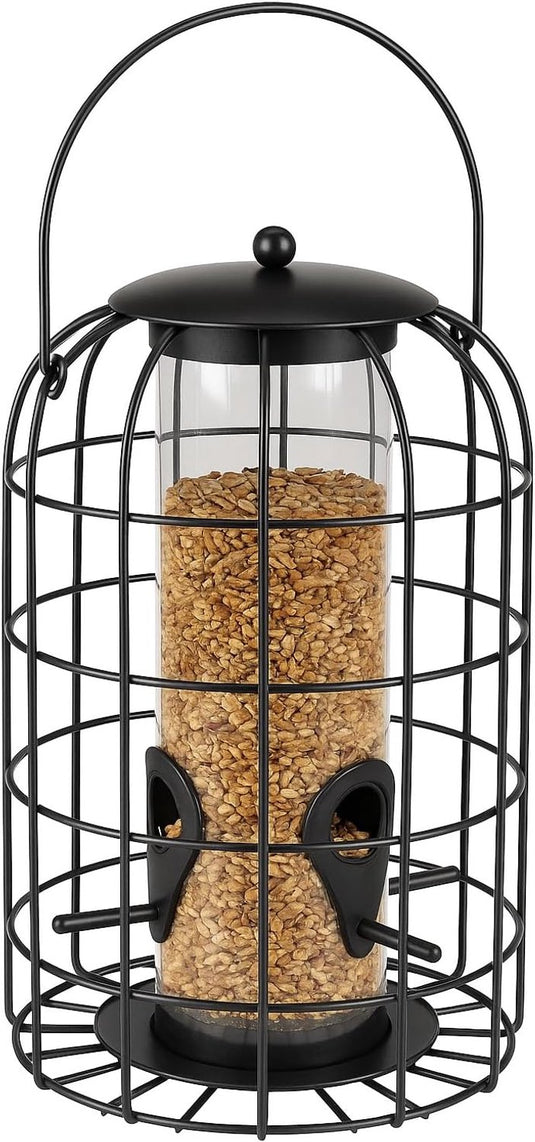 Flamingo voedersilo vogels - vogelvoederhuis - elma zwart - 27 cm - weerbestendige metalen voedersilo met beschermkooi - 4 zitstokjes - hangende vogelvoederautomaat voor zaden