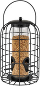 Flamingo voedersilo vogels - vogelvoederhuis - elma zwart - 27 cm - weerbestendige metalen voedersilo met beschermkooi - 4 zitstokjes - hangende vogelvoederautomaat voor zaden