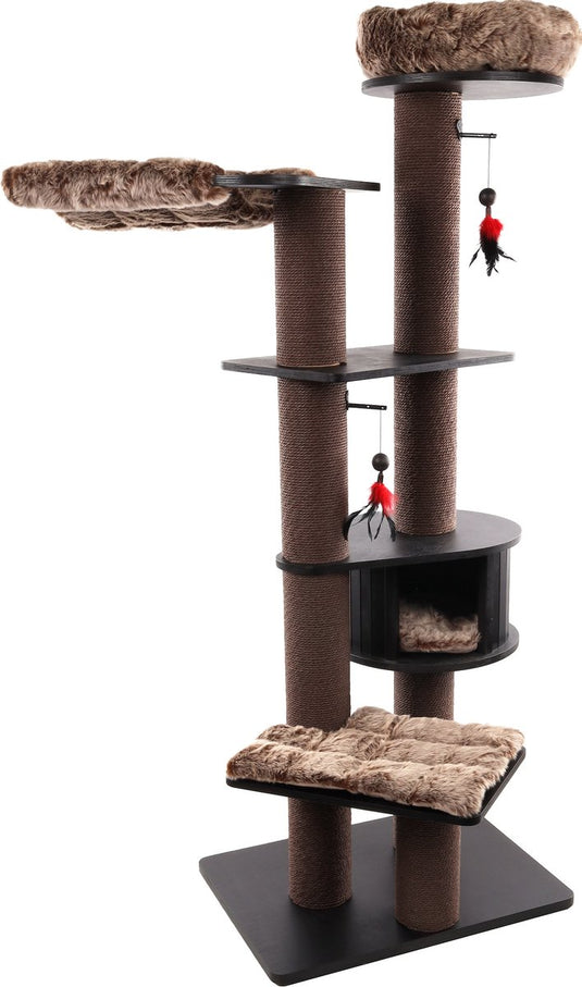 Flamingo krabpaal – raisa 3 bruin grijs – 109x72,5x198 cm – xxl luxe kattenboom met mand, hangmat kussens – design krabpaal met speeltje – voor alle kattenrassen