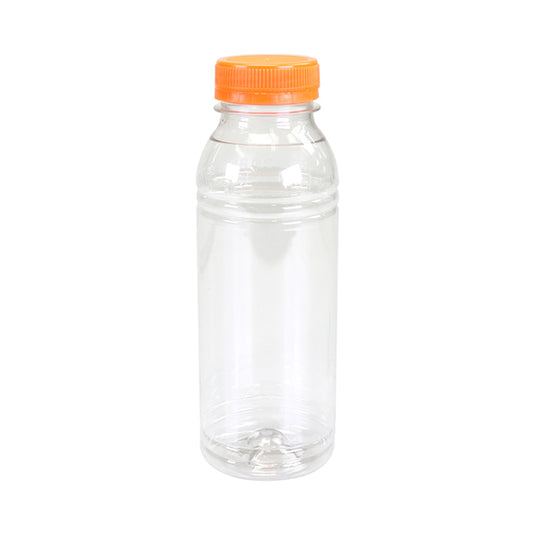 Fles transparant pet 330 cc + oranje dop (175 stuks)
