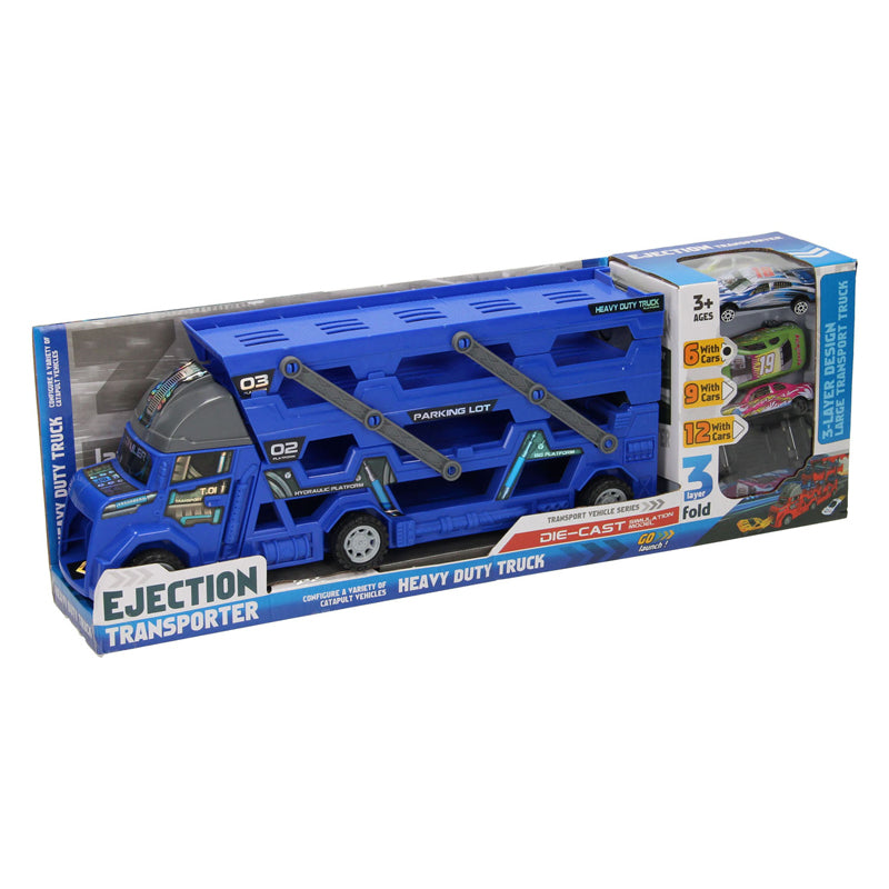 Afbeelding laden in galerijviewer, Lobbes uitklapbare autotransporter met afschietfunctie - blauw
