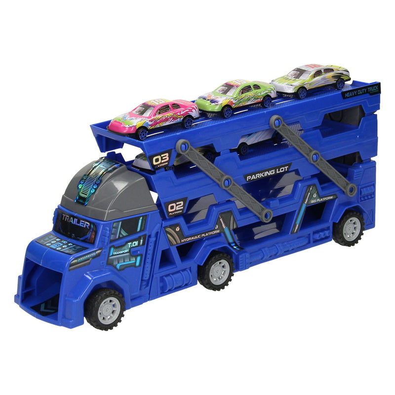 Afbeelding laden in galerijviewer, Lobbes uitklapbare autotransporter met afschietfunctie - blauw
