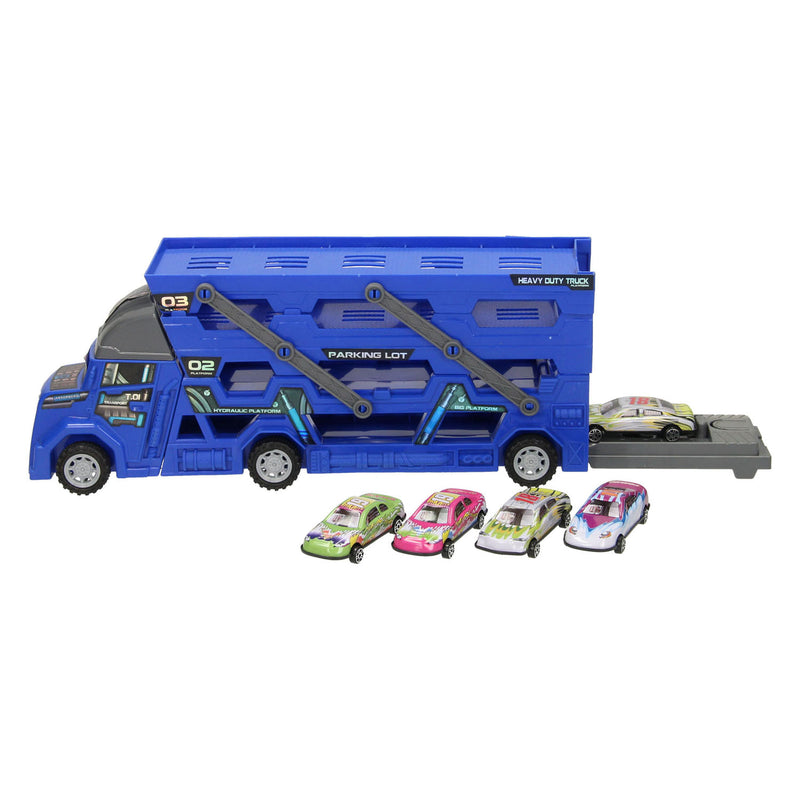 Afbeelding laden in galerijviewer, Lobbes uitklapbare autotransporter met afschietfunctie - blauw
