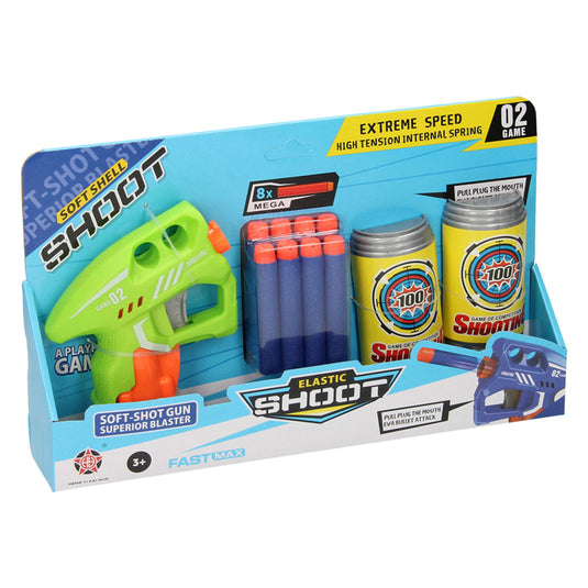 Lobbes pistool met foam pijltjes en blikjes targets