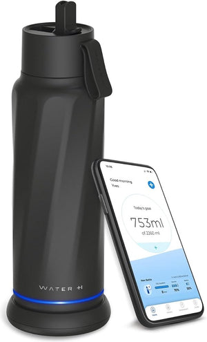 Waterh vita - slimme waterfles met water tracker - led verlichting - roestvrij staal - flip deksel + rietje - 530ml - zwart