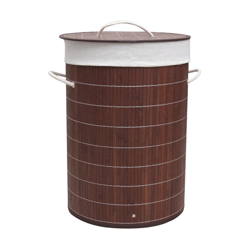 Afbeelding laden in galerijviewer, Homestyle pro ronde opvouwbare bamboe wasmand 35x50 cm bruin wit

