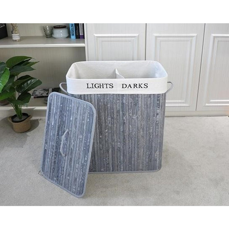 Afbeelding laden in galerijviewer, Homestyle pro rechthoekige bamboe wasmand + tekst 52x32x63 cm grijs wit
