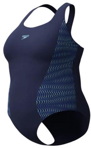 Speedo plus size placement medalist 1 piece dames sportbadpak - badpak dames grote maten - vormvast zwempak dames - sportbadpak dames met medalist-rug - marine blauw - 46