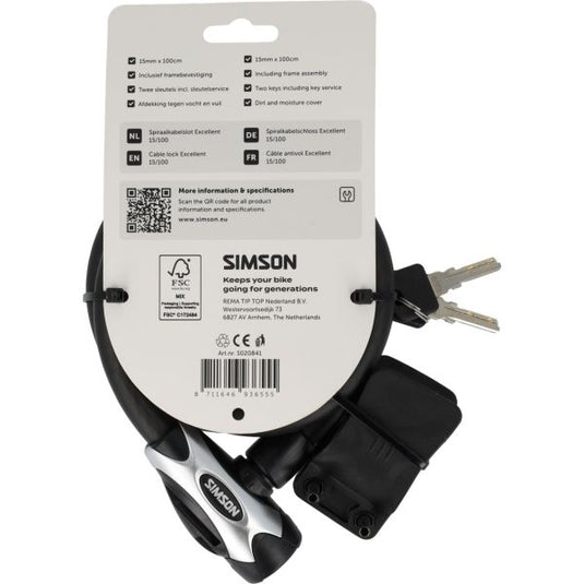 Simson spiraalkabelslot excellent size l 15mm x 100cm