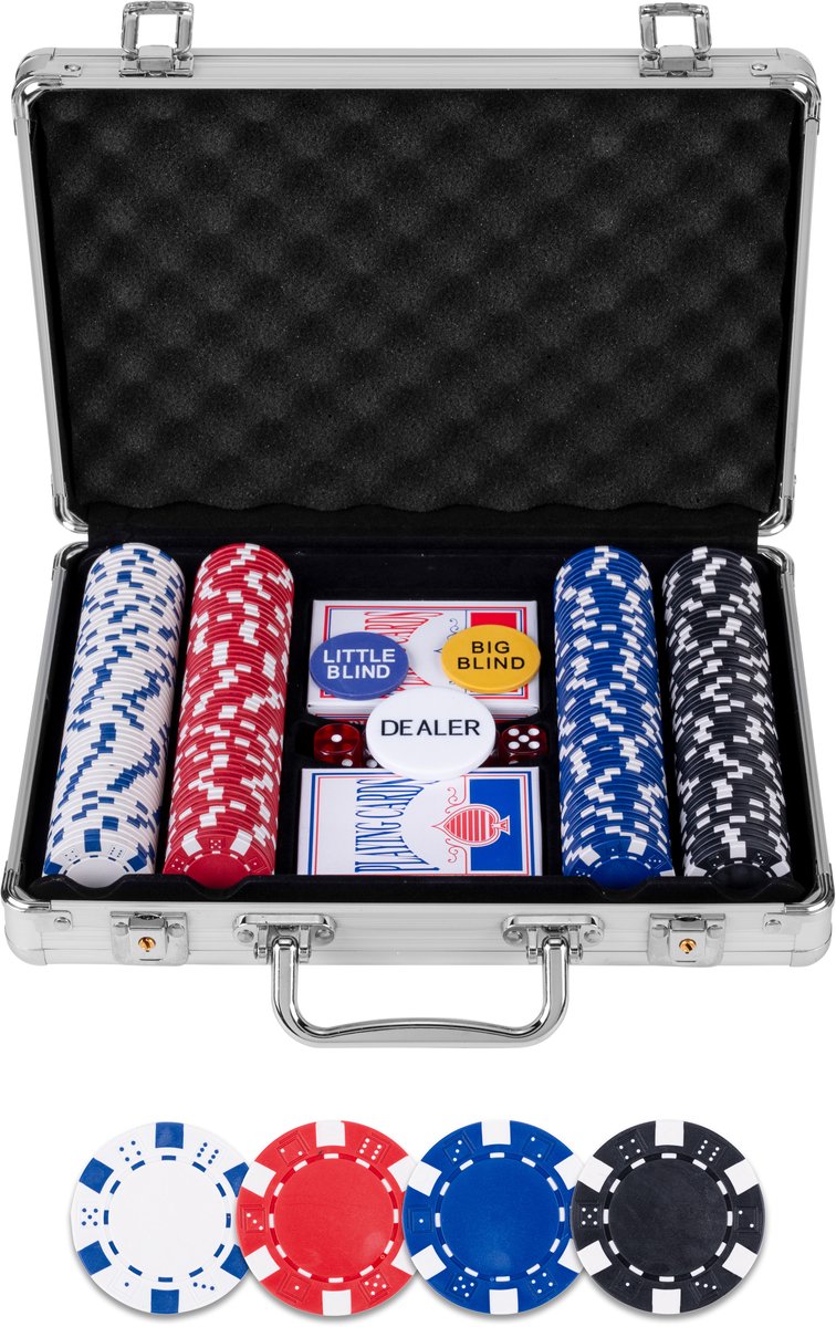 Afbeelding laden in galerijviewer, Longfield pokerset in zilveren koffer met 200 chips – compleet met kaarten, dealer buttons dobbelstenen – engelhart
