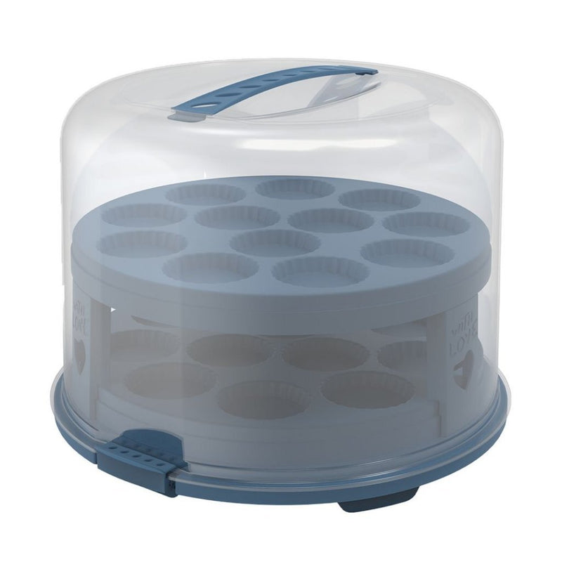 Afbeelding laden in galerijviewer, Rotho fresh taartdoos xl met trays - bpa vrij - afsluitbare clips - ook geschikt voor cupcakes - handig mee te nemen door handgreep - horizon blauw
