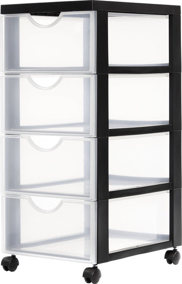 Iris easygrip chest ladekast - 4 lades x 11,25l - kunststof - zwart transparant - met wieltjes