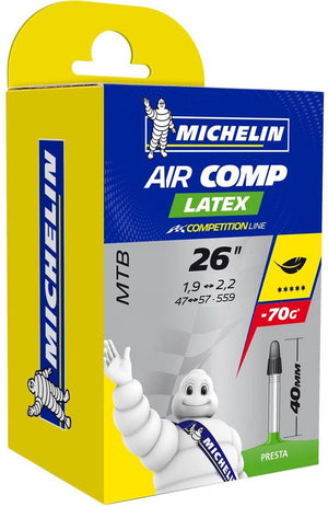 Michelin binnenband 26” – aircomp latex c4 – frans (presta) ventiel – ventiellengte: 40mm – etrto-maat: 47 57-559