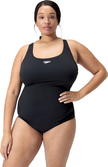 Speedo endurance+ medalist dames sportbadpak plus size - kleurvast badpak dames grote maten - chloorbestendig zwempak dames - sportbadpak dames met medalist-rug - zwart - 52