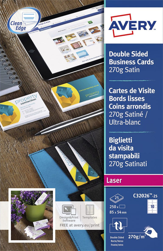 Visitekaartjes avery a4 270 g m² satijn ultrawit 25 vellen