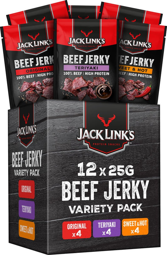 Jack link's jack links beef jerky mix box - 100% premium beef - hoog in eiwitten - rundvlees snack - voor tussendoor, onderweg of in de sportschool - 12 x 25g