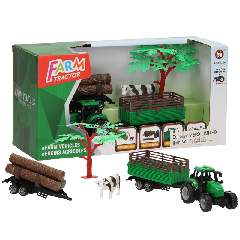 Afbeelding laden in galerijviewer, Lobbes tractor met aanhangwagen, boomstammen en koe
