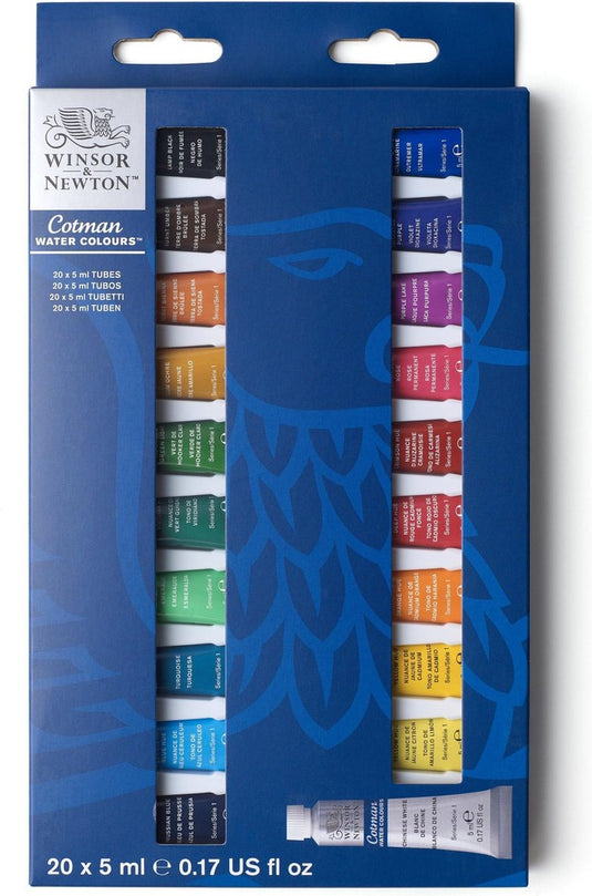 Winsor newton 0390665 cotman aquarelverf set – beginners set 20 x 5 ml – essentiële waterverfkleuren met hoge kwaliteit pigmenten