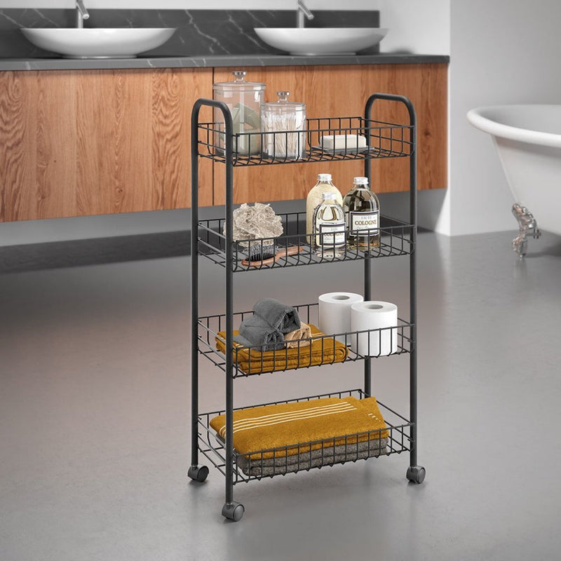 Afbeelding laden in galerijviewer, Metaltex ascona trolly met wielen + 4 manden 41x23x84 cm mat zwart metaal
