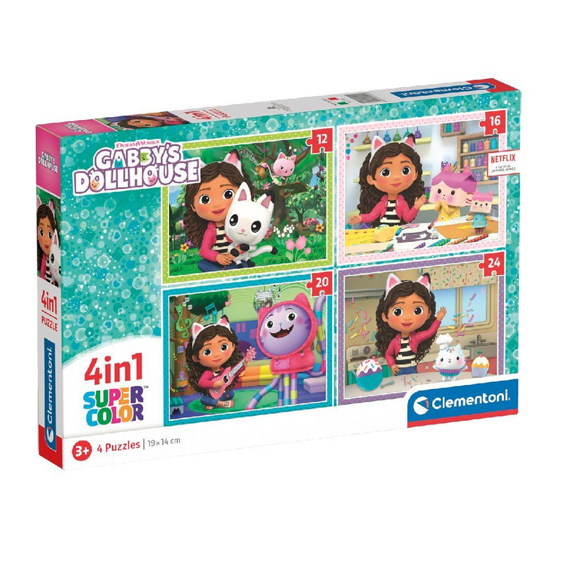 Afbeelding laden in galerijviewer, Clementoni supercolor 4in1 puzzel gabbys dollhouse 12-24 stukjes
