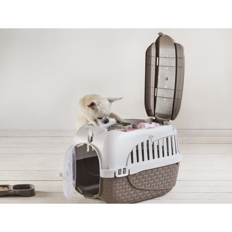 Afbeelding laden in galerijviewer, Bama pet transportbox 52x33x34 cm taupe wit
