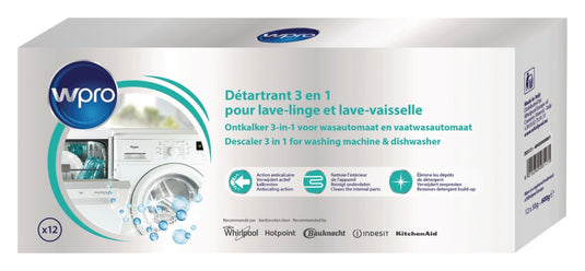 Wpro anti-kalk en ontvetter in een 12 stuks wasmachine vaatwasmachine