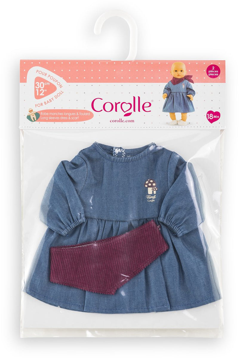 Afbeelding laden in galerijviewer, Corolle jeans jurk met sjaal kleine ontdekker - 30cm
